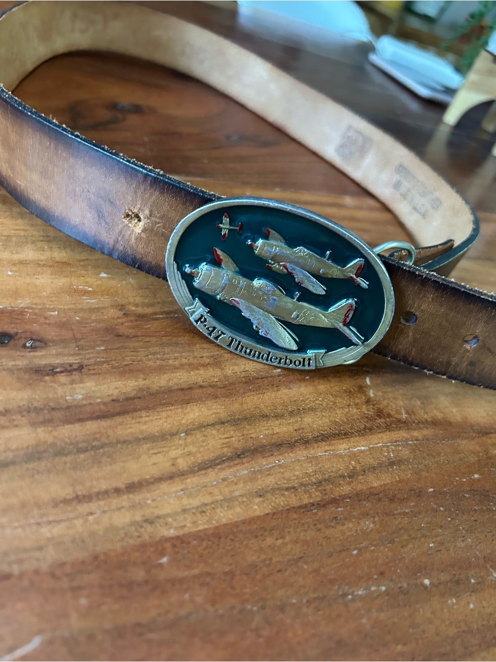 P-47 Thunderbolt Fighter Plane WWII Vintage Belt Buckle and Route 66 leather
